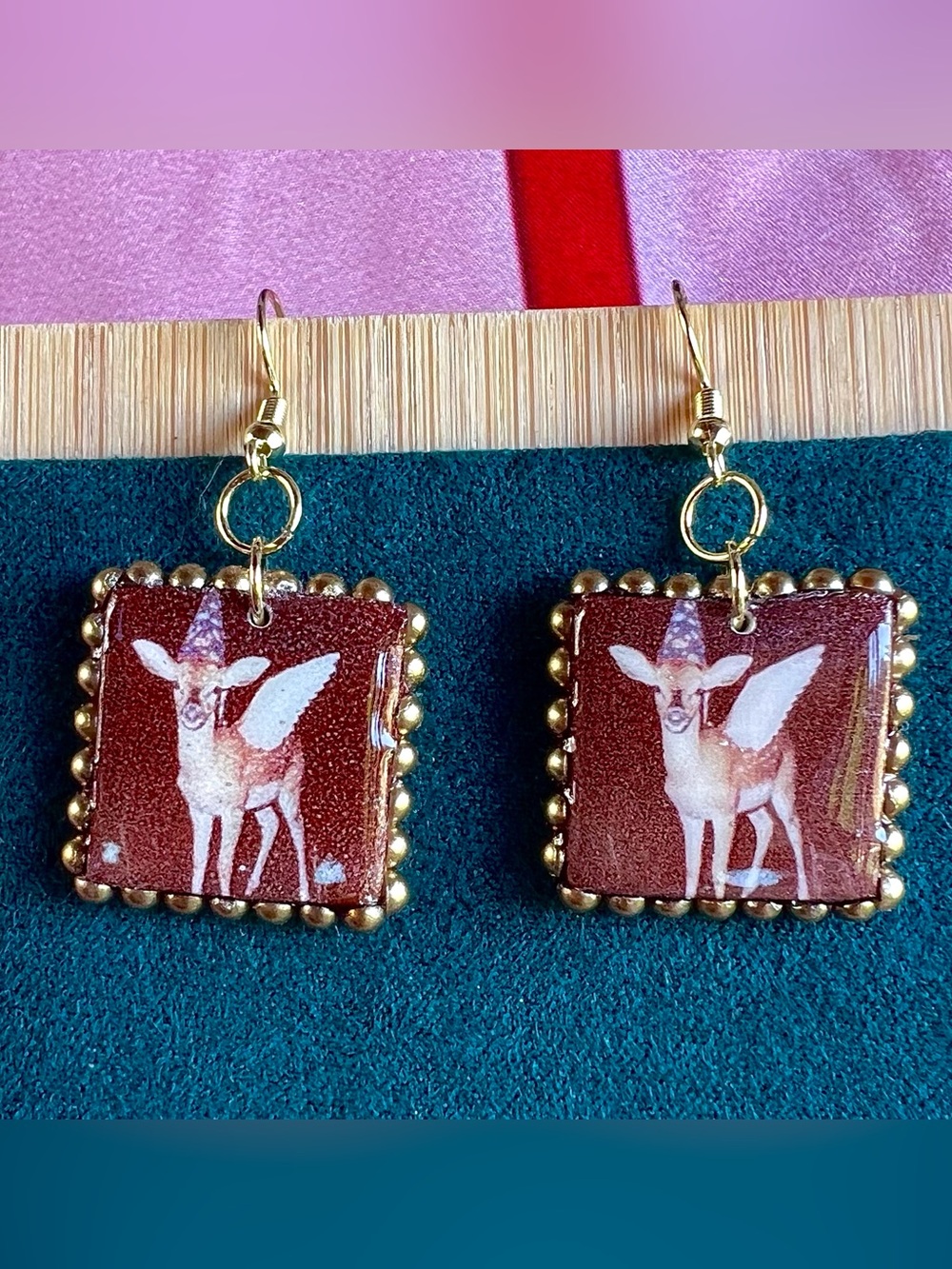Gold-Beaded Brown Deer Print Drop Earrings